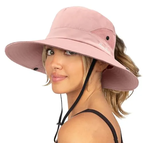 DRESHOW Damen Sonnenhut Outdoor UV-Schutz Hut faltbar Mesh breite Krempe Angeln Pferdeschwanz Strand Eimer Hüte