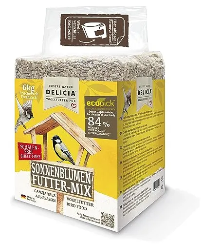 DELICIA® Vogelfutter Sonnenblumen FutterMix (6kg) · Ganzjahresfutter für Wildvögel & Gartenvögel · Im wiederverschließbaren FrischePack · Streufutter für jeden Vogel · Vogelfutter ganzjährig