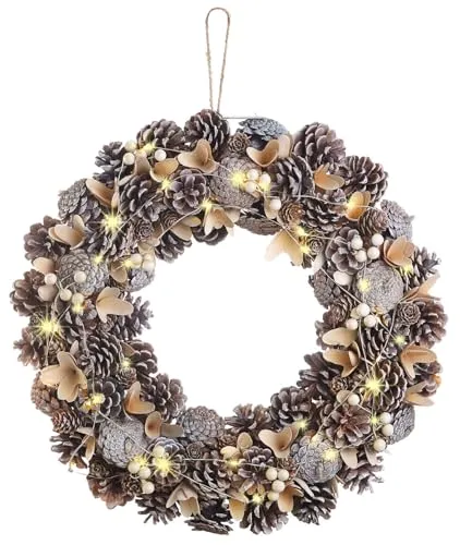 infactory Kranz: Advents- und Weihnachtskranz mit LED-Beleuchtung, beige/braun, Ø 44 cm (Türkränze Weihnachten, Türkranz Weihnachten mit LED, Lichterkette)