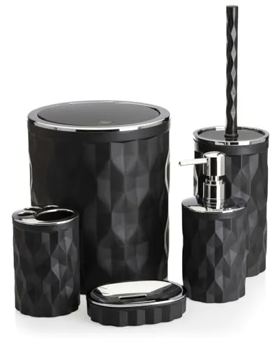 HowHomely Badezimmer Set mit Klobürste Seifenspender Zahnputzbecher Seifenablage und Mülleimer | Silber-Schwarz Badezimmer Zubehör Set | Modern Badaccessoires Set (Reina)
