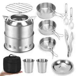 Camping Kochgeschirr Set 11-teilig Edelstahl 304 mit Holzofen Kocher