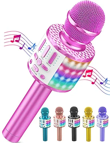 Karaoke Mikrofon Kinder, Drahtloses Bluetooth Mikrofon mit LED, Geschenke Mädchen 3-12 Jahre, Tragbares Karaoke Maschine zum Singen, Mikrofonspielzeug für Kinder Geburtstagsfeier (Rosa)