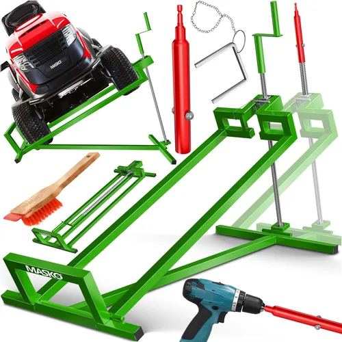 MASKO® XXL Rasentraktorheber 450 kg - Robuste Hebevorrichtung für Aufsitzmäher - Der MASKO Rasentraktorheber bietet eine stabile Stahlkonstruktion mit stufenlos verstellbarem Neigungswinkel bis 45°. Ideal für Wartungsarbeiten an Rasentraktoren, einfach zu bedienen und platzsparend verstaut.