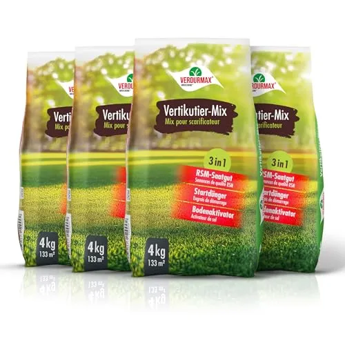 Höfer Chemie Rasendünger VERDURMAX® Vertikutier-Mix 3in1 - 4 x 4 kg Dünger für gesunde Rasenpflege, vereint Düngung, Vertikutierung und Bodenverbesserung in einem Produkt.