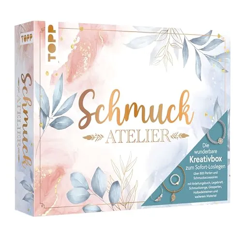 TOPP Die wunderbare Kreativbox Schmuckatelier. Anleitungsbuch (32 S.), Flachzange, Biegeringöffner, Perlennadeln, Perlenlegebrett, über 800 Perlen und Schmuckaccessoires
