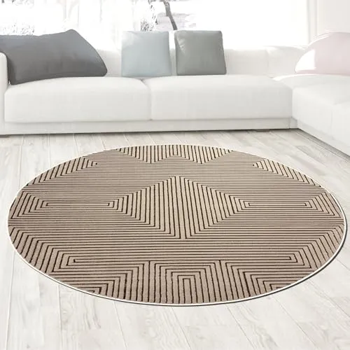 CARPETIA Teppich Wohnzimmer Schlafzimmer Kurzflorteppich geometrisch Glanzeffekt modern robust pflegeleicht beige Rund 200 cm Rund