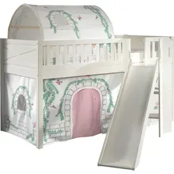 Kinderbett Karyl mit Rutsche - Massivholz Weiß & Textilset Birdy - Moderner Spielbett mit Rutsche, ideal für Kinder. Aus robustem Massivholz in Weiß, mit sicherem Absturzschutz. Inklusive liebevollem Textilset 'Birdy' für kreative Abenteuer.