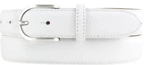 Italienischer Damen-Gürtel, 30 mm breit, Damen, Chinogürtel, Hosengürtel, strukturiertes Leder, Schließe Silber | Weiß 105cm