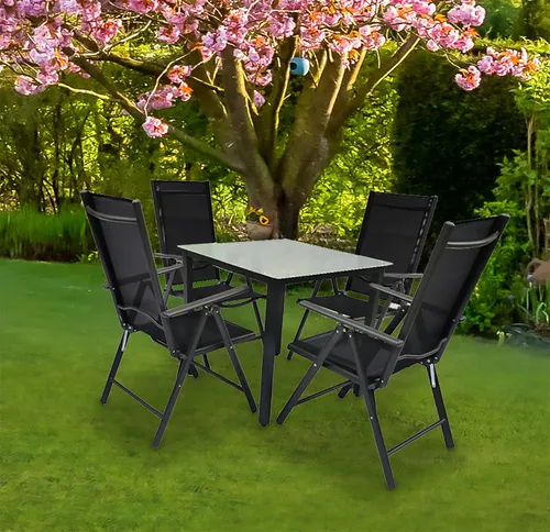 tlg. Alu Gartenset Sitzgruppe 80 MA 5 mit Klappstühlen - Moderne Sitzgruppe bestehend aus einem robusten Tisch (80 x 80 cm) mit ESG-Sicherheitsglas und platzsparenden Klappstühlen. Wetterfestes Aluminium sorgt für Langlebigkeit und Komfort durch verstellbare Rückenlehnen.