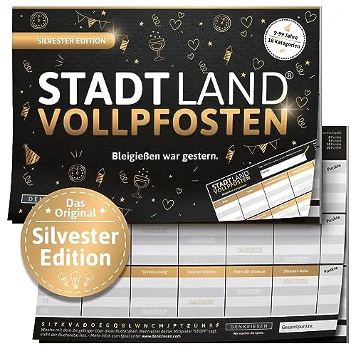 DENKRIESEN – Stadt Land VOLLPFOSTEN® Silvester Edition | Stadt Land Fluss Spiel | Partyspiel für Silvester & Erwachsene | A5 Spielblock | Familienspiel & Geschenkidee für deine Silvesterparty