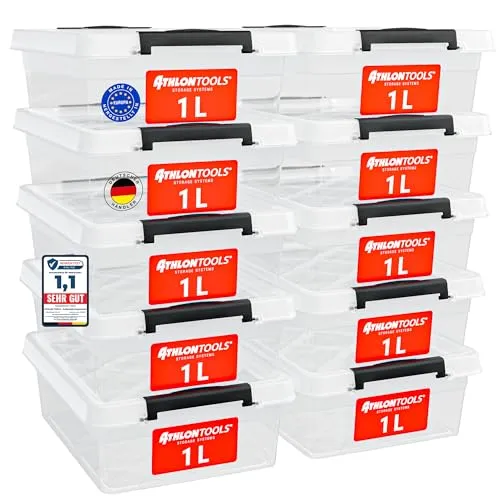 ATHLON TOOLS 10x 1L Aufbewahrungsboxen mit Deckel klein – 100% Neumaterial - transparent - BPA Frei – stapelbare Behälter – graue Verschlussclips – nahezu Luftdicht - Organizer