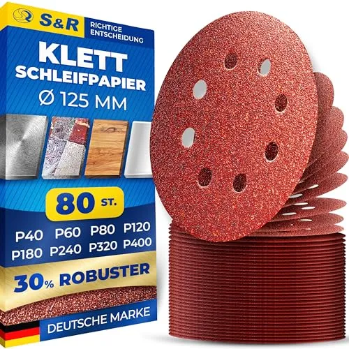 S&R Klett Schleifpapier Professional, Set 125 mm 80 St: je 10x P40, P60, P80, P120, P180, P240, P320, P400, 8 Löcher, Schleifblätter für Exzenterschleifer