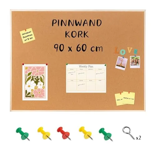 Creative Home 90x60 cm Große Pinnwand Kork | inkl. 5 Pinwandnadeln | Korkwand Korktafel Holzrahmen Memoboard | Hergestellt in der EU | Ideal für Büro, Schule, Schlafzimmer und Heim