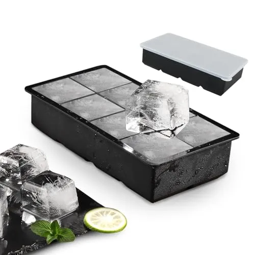 XXL Eiswürfelform mit Deckel – 2 Silikon Eiswürfelschalen für Whisky, Bourbon, Cocktails und Kaltgetränke, Große Eiswürfel Langsam Schmelzend, Leicht Lösbar