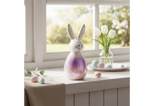Levandeo® Dekofigur, Deko Figur Hase Porzellan H16cm Rosa Lila Glanz Ostern