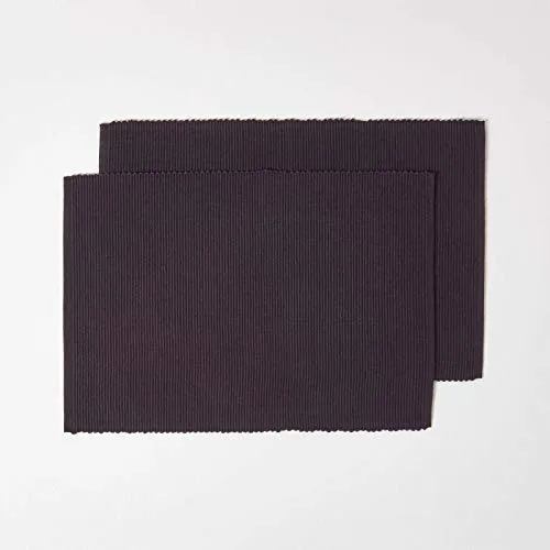 HOMESCAPES 2er-Set Schwarze Tischsets Baumwolle gerippt, Platzsets rechteckig aus Stoff, waschbare Platzdeckchen
