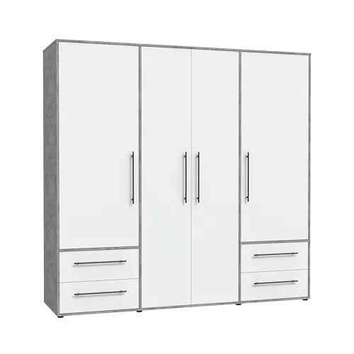 FORTE Drehtürenschrank Mokkaris - Zeitloses Design & Viel Stauraum - Drehtürenschrank mit 3 oder 4 Türen, ideal für übersichtliche und ordentliche Kleidungslagerung. Hochwertige Scharniere und zusätzliche Schublade für Socken und Unterwäsche. Made in Europe, passt zu jedem Einrichtungsstil.
