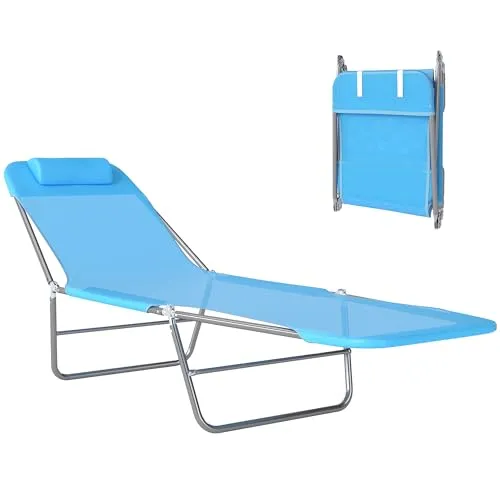 Outsunny Klappbare Sonnenliege Blau, Metall, 1-Sitzer - Genießen Sie entspannte Stunden im Freien mit der Outsunny Sonnenliege. Sie ist klappbar, bietet eine verstellbare Rückenlehne für individuellen Komfort und trocknet schnell dank atmungsaktivem Mesh. Ideal für Garten, Strand oder Camping.