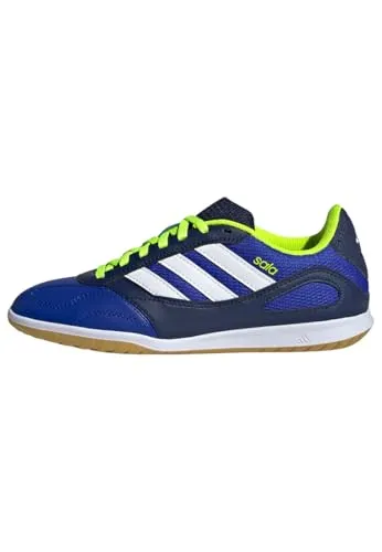 Adidas Super Sala Competition III IN Kinder Fußballschuhe blau/weiß/gelb JR5401 - Hochwertige Hallenschuhe mit verstärkter Fersenkappe und dämpfender EVA-Zwischensohle. Ideal für Fußball und andere Hallensportarten. Perfekte Traktion dank nicht abfärbender Gummisohle.