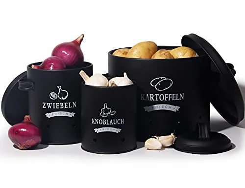 Theo&Cleo Vorratsbehälter 3er-Set - Belüftete Aufbewahrung für Kartoffeln, Zwiebeln und Knoblauch - Vorratsdosen-Set mit optimaler Luftzirkulation für längere Frische. Praktisches Vintage-Design, ideal für jede Küche.
