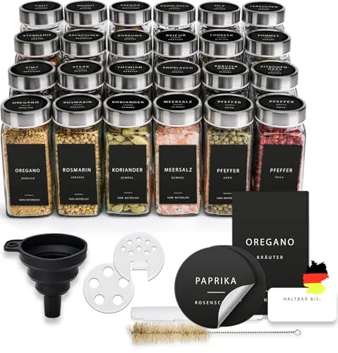 Happy Lemuro Gewürzgläser Eckig [24 x 120 ml] Gewürzbehälter mit 301 Etiketten, Edelstahldeckeln | Gewürzdosen Set | Gewürzaufbewahrung, Gewürzglas, Gewürz Organizer, Gewürzgläser mit Streueinsatz