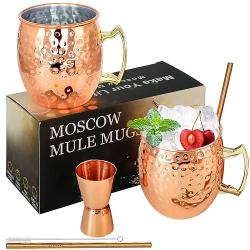 SuproBarware Moscow Mule Kupferbecher, Set mit 2 Moscow Mule-Bechern, Edelstahlbecher, 530 ml, lebensmittelecht, gehämmerte Tassen, ideal für Cocktails, Wasser, kalte Getränke