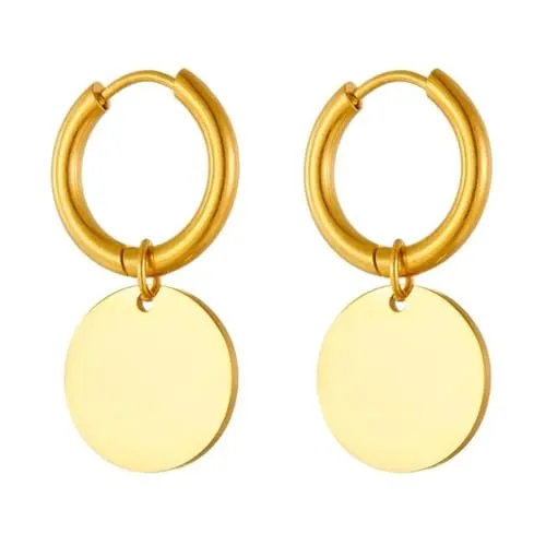 Karma OR1011 Edelstahl Damen Ohrringe Coin-Anhänger 3 cm Gold vergoldet schlichte Creolen mit rundem Plättchen moderner Ohrschmuck für Alltag & Anlass (Gold)
