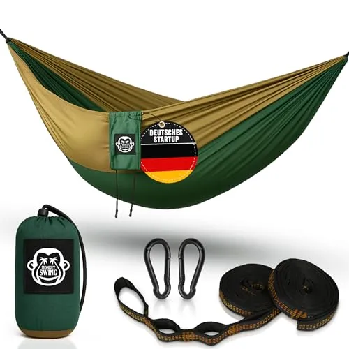 Monkey Swing Hängematte Ultraleicht inkl. Karabiner & Schwerlastgurten (bis 300 kg belastbar, 275 x 140 cm) – ideal für Camping, Outdoor, Trekking & als Reisehängematte (Grün/Khaki)