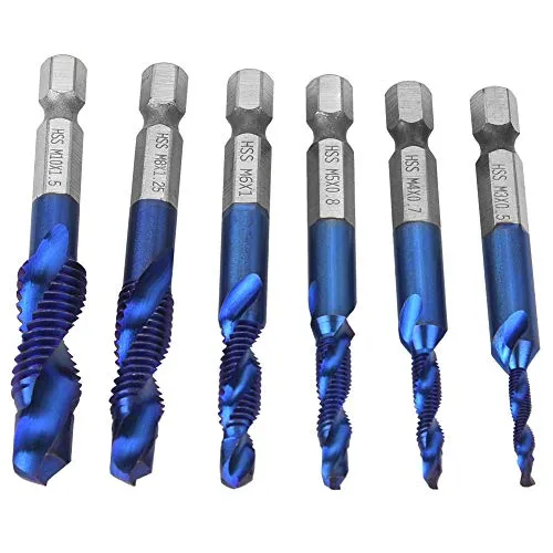 Kombi Bohrer Gewindebohrer Bit Satz, 6 Stück HSS Metrisches Gewinde Bit Set 6,35mm Sechskantschaft Gewindebohrer M3/M4/M5/M6/M8/M10, 0.5mm Gewindedurchmesser,15mm Nutzlänge(c)