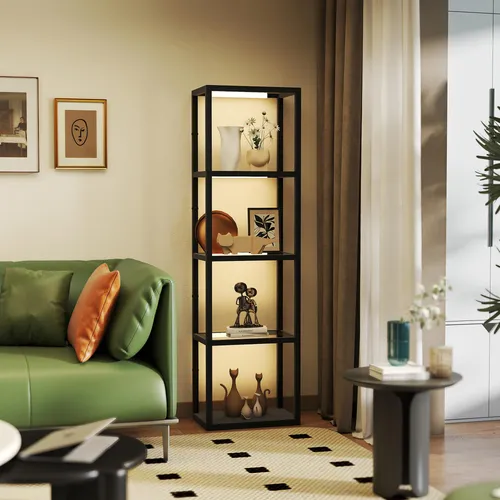 Dimmbare LED Stehlampe mit Glasregal für Wohnzimmer - Moderne Stehleuchte mit Fußschalter und warmweißem Licht (2500-3000 K). Ideal für gemütliche Abende, platzsparendes Design mit praktischem Regal.