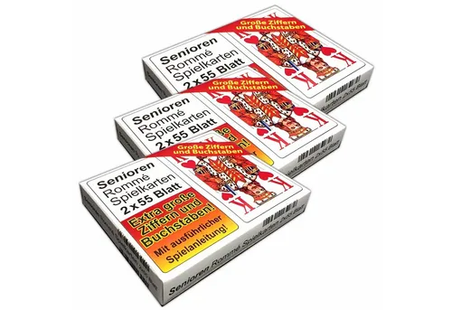 HAC24 Spiel 3er Set Senioren Romme Spielkarten Canasta Bridge Karten, Kartenspiel, je 2x55 Kartendeck große Schrift