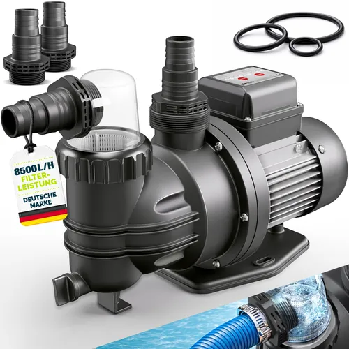 tillvex® Filterpumpe Pool 8.500L/h mit Timer | Selbstansaugende Schwimmbadpumpe für bis zu 33m³ Pools - Die tillvex® Filterpumpe mit 8.500 L/h sorgt für klares Wasser in Pools bis 33m³. Mit integrierter Timer-Funktion für automatischen Betrieb und Energieeinsparung. Ideal für Aufstellpools und Whirlpools.