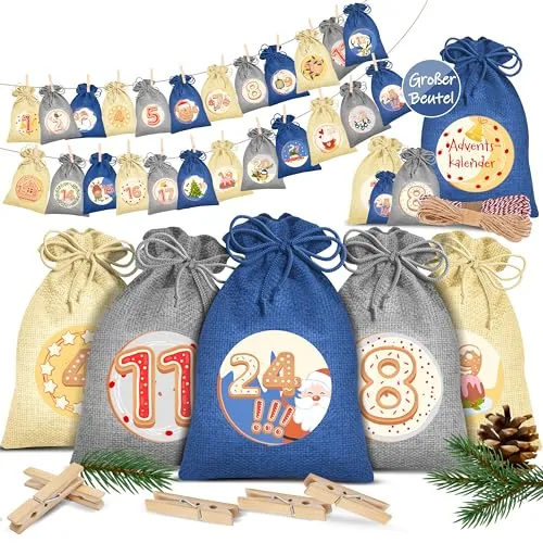 KESSER Adventskalender – Befüllbarer Jutebeutel-Kalender mit 24 Motiven - Adventskalender mit 24 bedruckten Jutebeuteln, ideal zum Befüllen mit individuellen Geschenken. Perfekt für kreative Überraschungen in der Adventszeit!