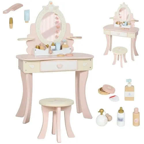 AIYAPLAY Schminktisch Kinder, Schminktisch-Set mit Hocker, Schublade, abnehmbarem Spiegel, Frisiertisch mit Regal, 7 Spielzubehörteilen, 2-in-1-Kosmetiktisch für Kinder ab 3 Jahre, Rosa