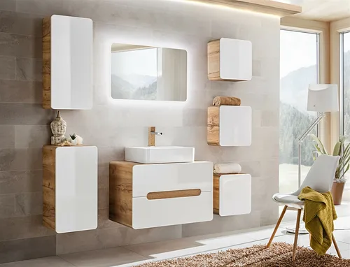 Badmöbel Set 8-tlg FERMO Weiss HGL inkl. Waschtisch - Modernes Badezimmer-Set mit 8 Teilen: Waschtisch, Waschbeckenunterschrank, 5 Hängeschränke und Spiegel mit LED. Hochglänzende weiße Oberfläche sorgt für stilvolle Akzente in Ihrem Bad.