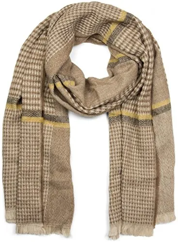 styleBREAKER breiter XXL Schal mit Fischgrät Karo Muster, Zierstreifen und Fransen, Strickschal, Unisex 01017027, Farbe:Braun