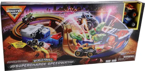 Monster Jam Supercharge Speedway Spielset - motorisierte 8er-Stuntstrecke mit Megalodon und EL Toro Loco, actionreiche Monster Truck-Action für Kinder ab 3 Jahren