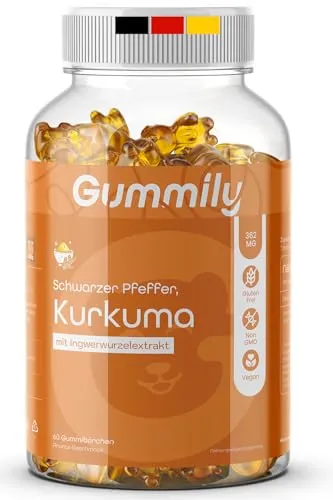 Kurkuma Gummibärchen 5000 mg (20:1) - 95% Curcuminoide und 95% Piperin aus Schwarzer Pfeffer (1000 mcg) Ingwer, 5% Gingerols - Kurkuma Hochdosiert - Alt. zu Kurkuma Kapseln und Pulver - Gummily®