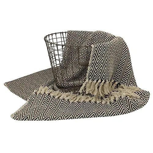 MACOSA SA87272 Wohndecke Schwarz Beige mit Fischgrat-Muster - Tagesdecken aus 100% Baumwolle, ideal für gemütliche Abende und als Reisedecke. Modernes Fischgräten-Muster verleiht jedem Raum einen besonderen Flair.