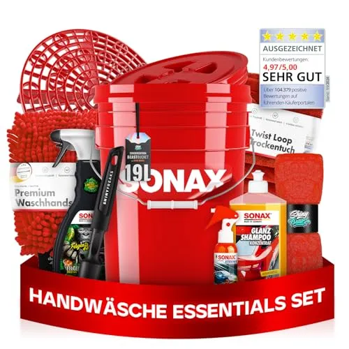 Auto Wascheimer Set 5GAL: Schmutzsieb & Deckel für die Auto Handwäsche + Sonax Shampoo + Sonax Detailer + Sonax FelgenBeast - schonende Reinigung für Lack & Felgen - Auto waschen | 11-teilig