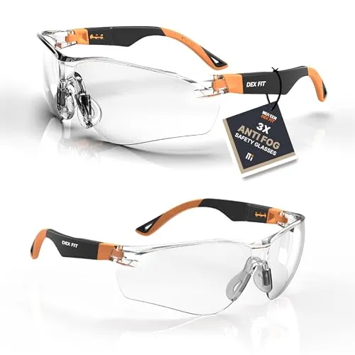DEX FIT Schutzbrille Arbeitsschutzbrille SG210, Z87 Augenschutz Schutzbrille, 3x Beschlag- und Kratzfest, Verstellbar für Damen und Herren, UV Brille (Schwarzer und Oranger Rahmen, Klare Gläser)
