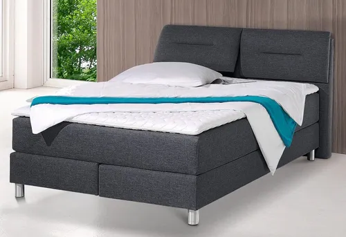 Boxspringbett MAINTAL, grau (anthrazit) - Komfortables Boxspringbett mit Bonnell-Federkernmatratze und Kaltschaum-Topper für ergonomischen Schlaf. Pflegeleichter Strukturstoff und verstellbare Kopfteile bieten zusätzlichen Komfort.
