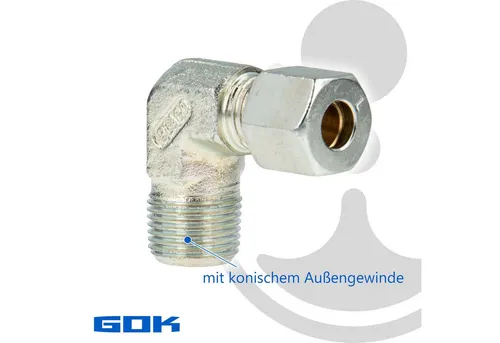 GOK Wasserrohr Schneidringverschraubung Typ WERK - 90° Winkel, R 1/2 Zoll AG x Ø 12 mm Schneidring Messing