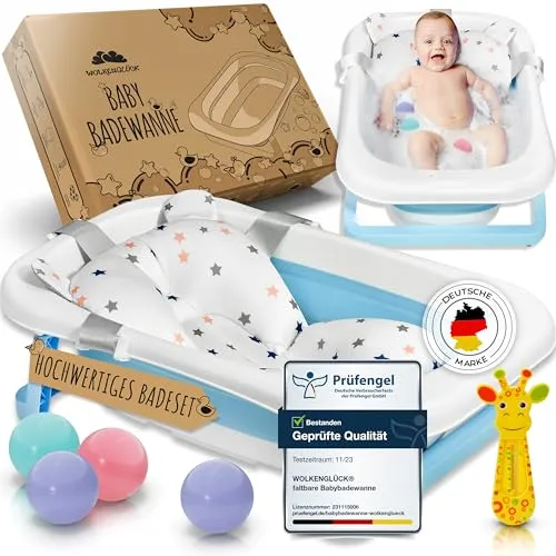 WOLKENGLÜCK® Faltbare Babybadewanne [50 Liter] - Platzsparende Baby Badewanne inkl. Thermometer, 4 Spielbällen & extra weichem Badekissen - Hochwertige Badewanne für Babys - BPA-frei
