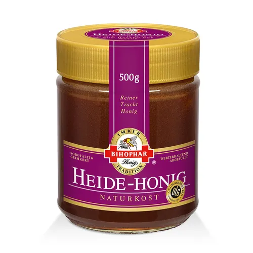 Bihophar Heide Honig Trachthonig 500g - Brotaufstrich mit kräftigem Geschmack, ideal zum Verfeinern von Speisen oder als süßer Genuss auf Brot.