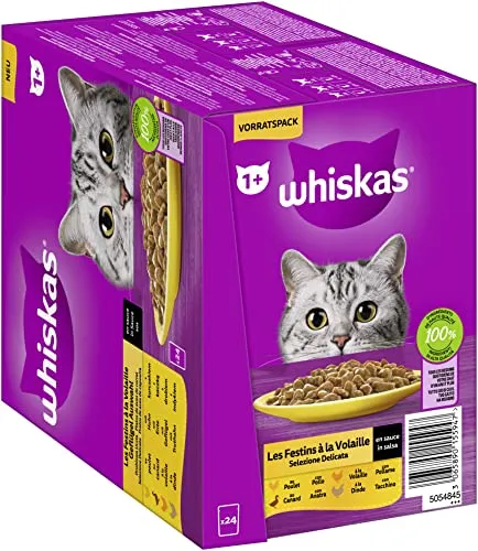 Whiskas 1+ Katzenfutter Geflügel Auswahl in Sauce, 24x85g (1 Packung) – Hochwertiges Nassfutter für ausgewachsene Katzen in 24 Portionsbeuteln