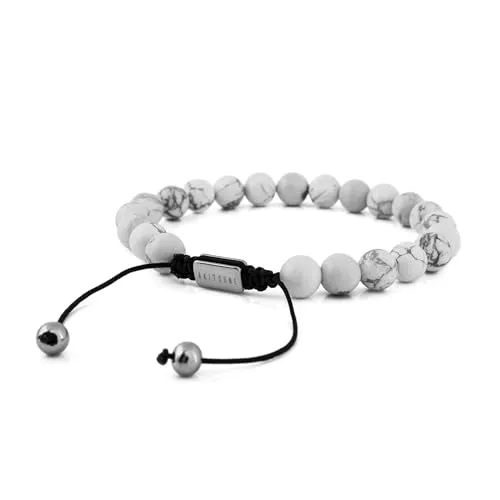 Akitsune Venatio Perlenarmband | Elastisches Armband Armschmuck Damen Herren Halbedelsteine 8 mm Beads - Silber Howlite Weiß
