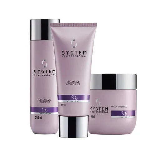 System Professional Color Save Set C1 Shampoo C2 Conditioner C3 Maske - Pflegeset für alle Haartypen, ideal für coloriertes Haar. Enthält Shampoo, Conditioner und Maske für eine intensive Feuchtigkeitspflege und strahlende Farben.