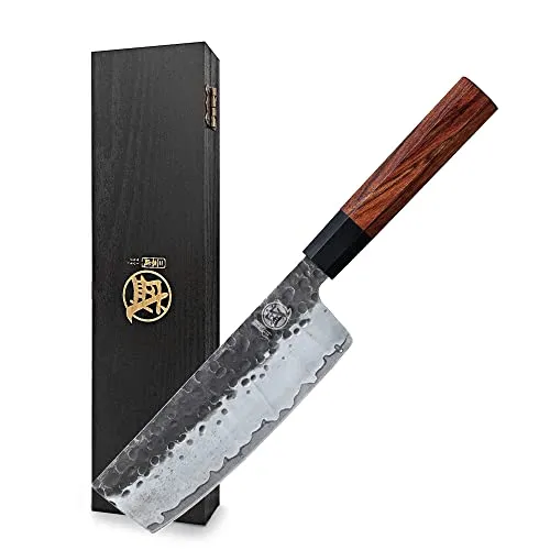 MITSUMOTO SAKARI 18 cm Handgeschmiedetes Küchenmesser Profi, Japanisches Nakiri Kochmesser, Hochkohlenstoffstahl Scharfe Küchenmesser (Rosenholzgriff & Boutique-Holzkiste)