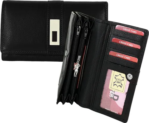 Old River Damen Geldbörse schwarz/rot - Praktisches Design - Elegante Damenbörse aus hochwertigem Rindleder mit RFID-Schutz, vielen Fächern und stylischen roten Kontrastnähten – perfekt für moderne Frauen.